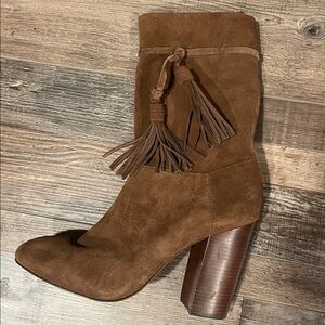 Vince Camuto Brown Suede Tassel Mid-Calf Block Heel Boots